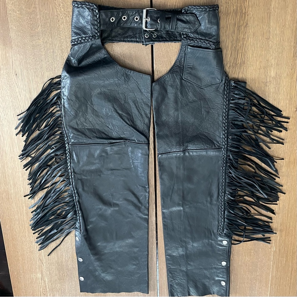 HOT LEATHER Black leather fringe motorcycle riding chaps